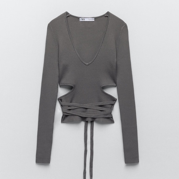 Zara Tops - Zara Cut Out Knit Top Gray Ribbed V-Neck Women's Top Sz M